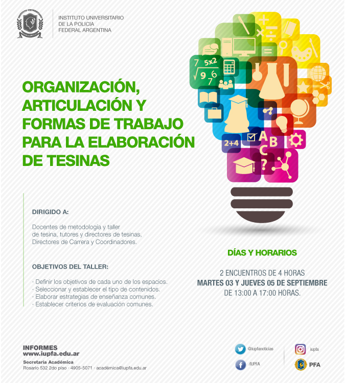 03 y 05 DE SEPTIEMBRE . TALLER ORGANIZACIÓN, ARTICULACIÓN Y FORMAS DE TRABAJO PARA LA ELABORACIÓN DE TESINAS . IUPFA